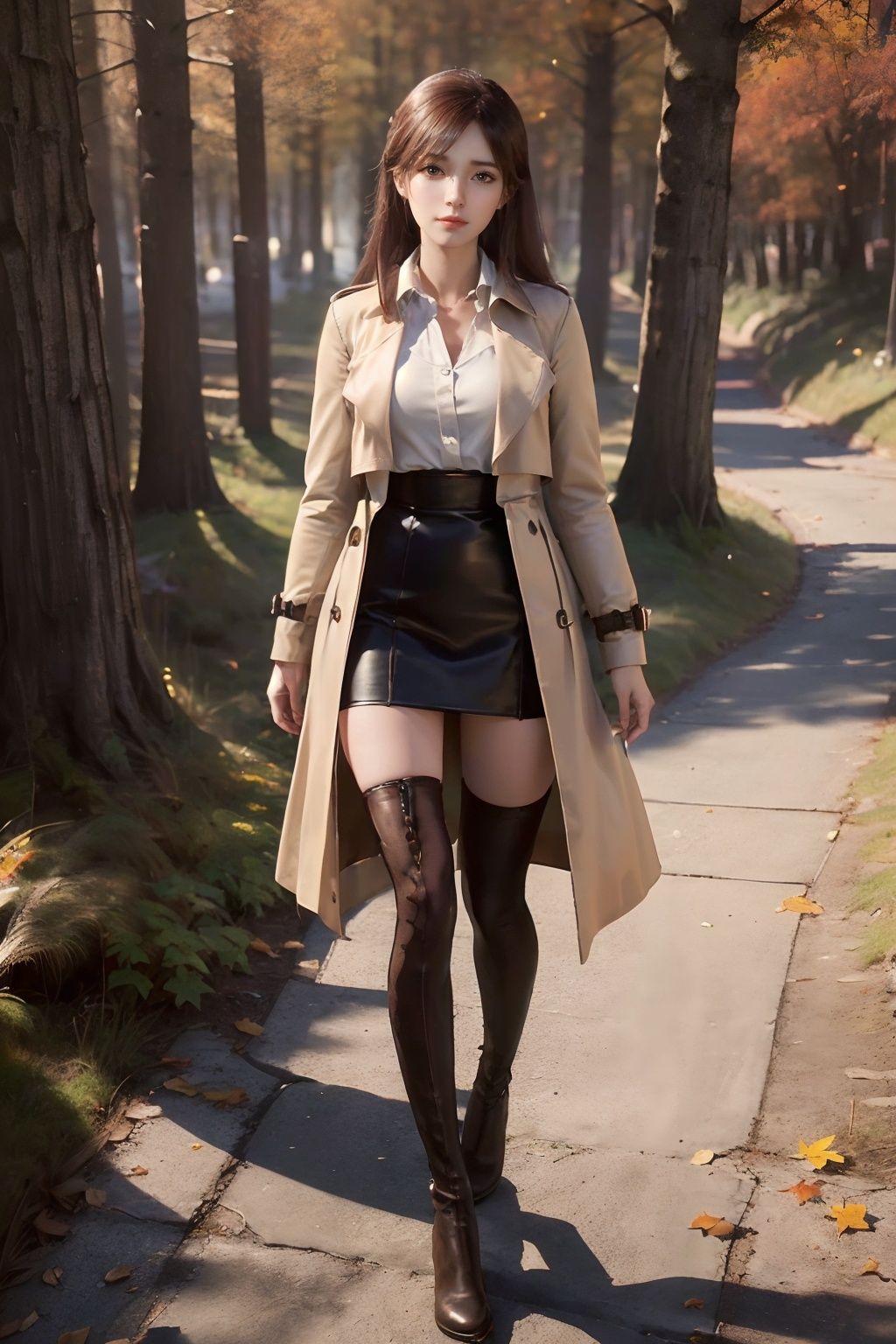 1girl,solo,fair_skin,big breasts,slender_waist,cleavage,(beige_trench_coat:1.3),(white_shirt:1.3),(skirt_set:1.3),(black_bodystocking:1.3),(leather_boots:1.3),(autumn maple forest:1.3),(very few fallen leaves),(path),street,tree,branch,yellow leaves,yellow leaves flutter on the ground,standing,looking at viewer,(8k, RAW photo, best quality, masterpiece:1.2),(realistic, photo-realistic:1.3)(raw photo)(ultra-detailed)(extremely detailed CG unity 8k wallpaper) (extremely delicate and beautiful)(detailed and intricate)(original)(highres),<lora:xx_v1.0:0.7>,