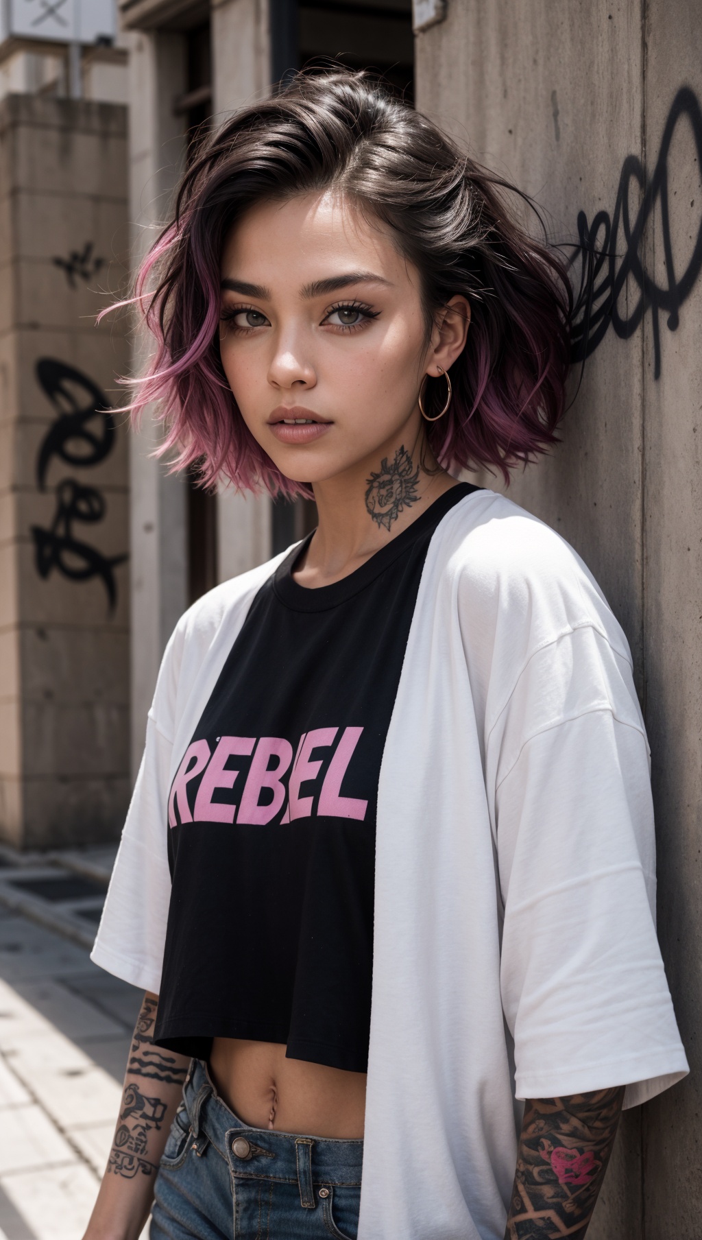 upper body portrait,  raw essence of a tattooed street style icon,  rebellious energy on Tensor.Art