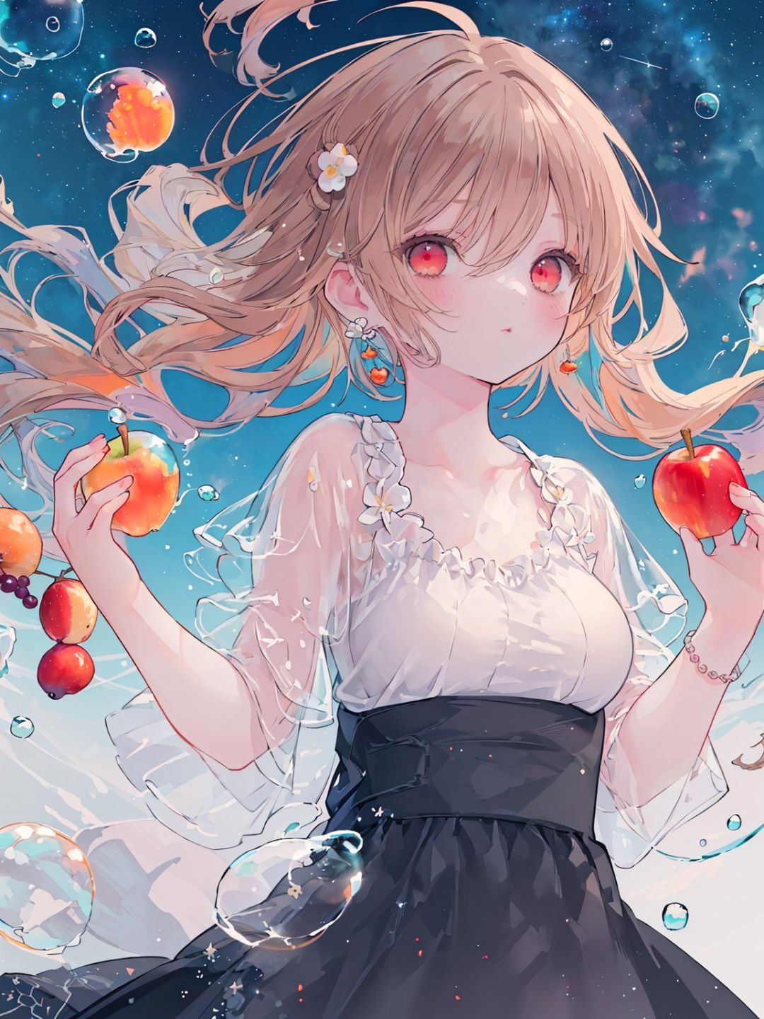 ((best quality)),  ((masterpiece)),  ((ultra-detailed)),  (illustration),  (detailed light),  (an extremely delicate and beautiful),  ((masterpiece),  illustration,  (best quality),  (painting),  (backlighting:1.1),  (Floating bubbles:1.3),  (Beautiful Sky:1.15),  cumulusm\(append\),  (((best quality)),  ((masterpiece)),  ((ultra-detailed)),  (illustration),  (detailed light),  (an extremely delicate and beautiful),  ((masterpiece),  illustration,  (best quality),  (painting),  (backlighting:1.1),  (Floating bubbles:1.3),  (Beautiful Sky:1.15),  cumulusm\(append\),  (1girl,  solo,  long_hair,  breasts,  looking_at_viewer,  blush,  bangs,  brown_hair,  hair_ornament,  red_eyes,  dress,  hair_between_eyes,  jewelry,  medium_breasts,  closed_mouth,  braid,  short_sleeves,  earrings,  lying,  parted_lips,  food,  hand_up,  on_back,  nail_polish,  black_dress,  bracelet,  see-through,  fruit,  apple,  see-through_sleeves,  grapes,  orange_\(fruit\),  red_apple:1.2),  cute face,  upper body,  two legs,  long dress,  (beautiful detailed eyes),  stars in the eyes,  messy floating hair,  colored inner hair,  Starry sky adorns hair,  (lots_of_big_colorful_Bubble),  [pearl],  [Galaxy],  depth of field,<lora:EMS-70813-EMS:0.800000>