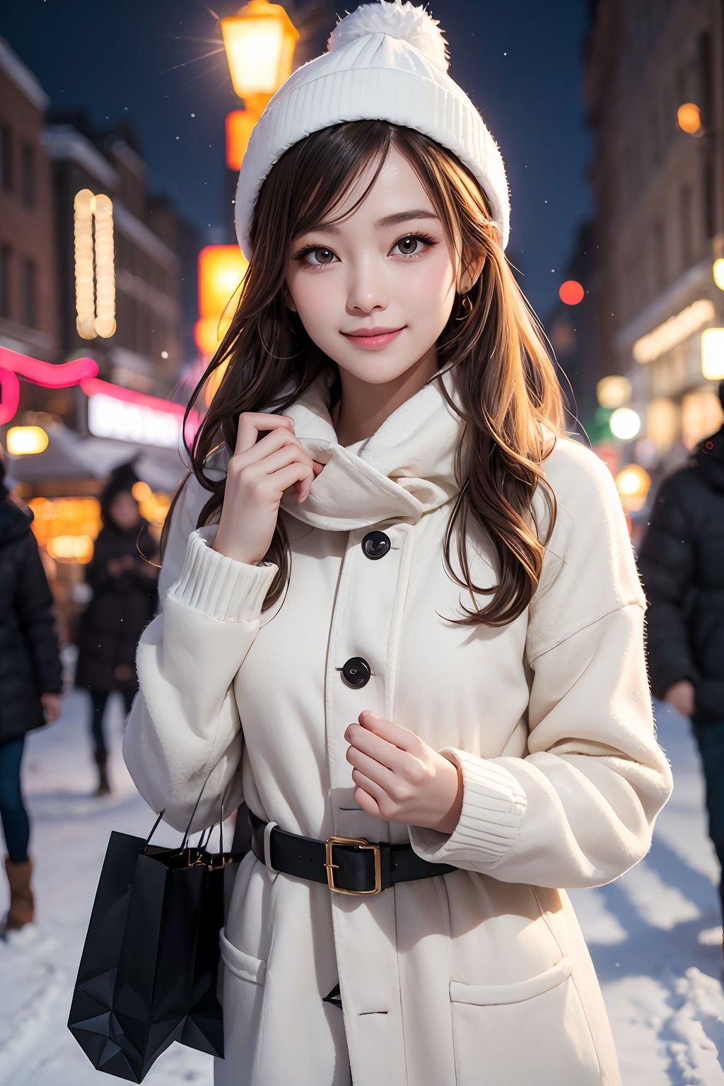 masterpiece,best quality,1girl,shiny skin,cinematic lighting,medium breasts,looking at viewer,messy hair,blonde hair,yellow eyes,solo,autumn,outdoors,smile,(a pale flush, alive skin),winter,ribbed,walking,city,shopping,dynamic angle,close-up,ultra-detailed,8k,rtx,ambient occlusion,rim lighting,bustling,a fashion influencer,winter outfit,snowy,winter,cold,Muffler,(The streets at night were all in the Christmas spirit.),(make a dent in one's impression.),