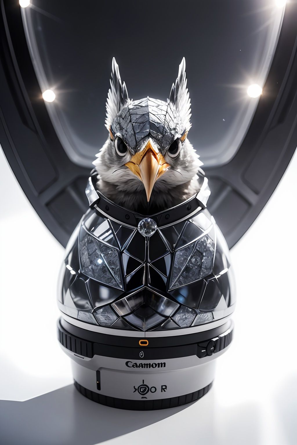 a diamond armor bird, translucent, high quality photography, 3 point lighting, flash with softbox, 4k, Canon EOS R3, hdr, smooth, sharp focus, high resolution, award winning photo, 80mm, f2.8, bokeh