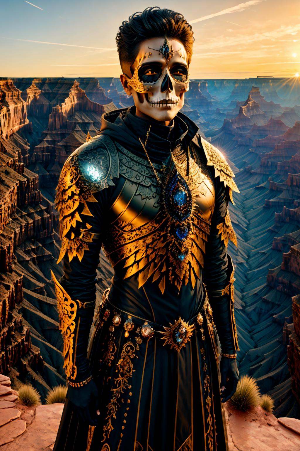 <lora:KaTRiNa aRMoR_v1:1> man in mcnhdsrmr nhdsrmr, (ktrmkp makeup:1.2), Standing with Crossed Arms and Slight Lean, Grand Canyons during Sunrise background