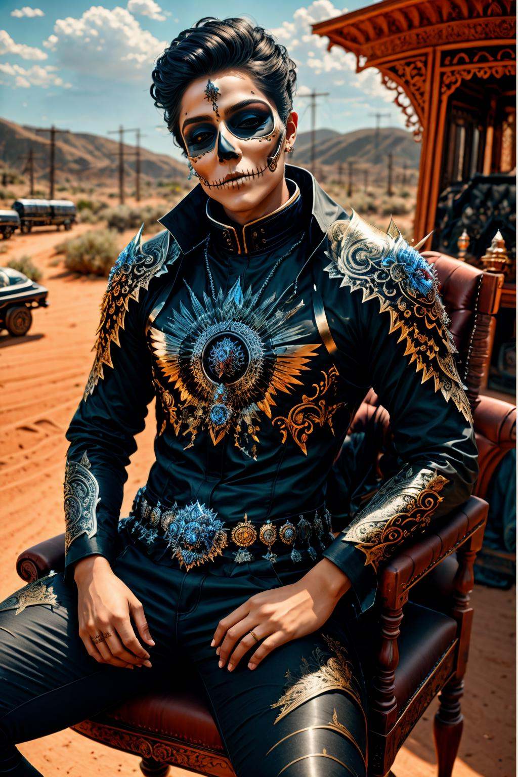 <lora:KaTRiNa aRMoR_v1:1> man in mcnhdsrmr nhdsrmr, (ktrmkp makeup:1.2), Seated, One Arm Resting on Chair Back, Train Graveyards background