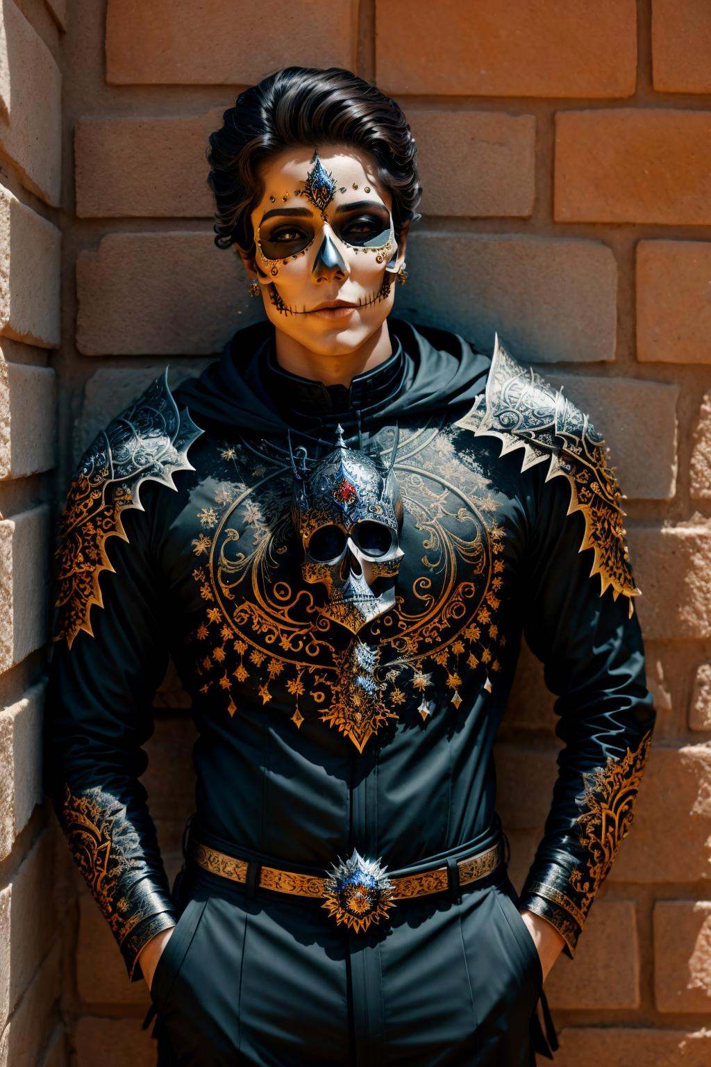 <lora:KaTRiNa aRMoR_v1:1> man in mcnhdsrmr nhdsrmr, (ktrmkp makeup:1.2), Leaning Against a Wall with Arms Crossed, Medieval Castle Courtyards background