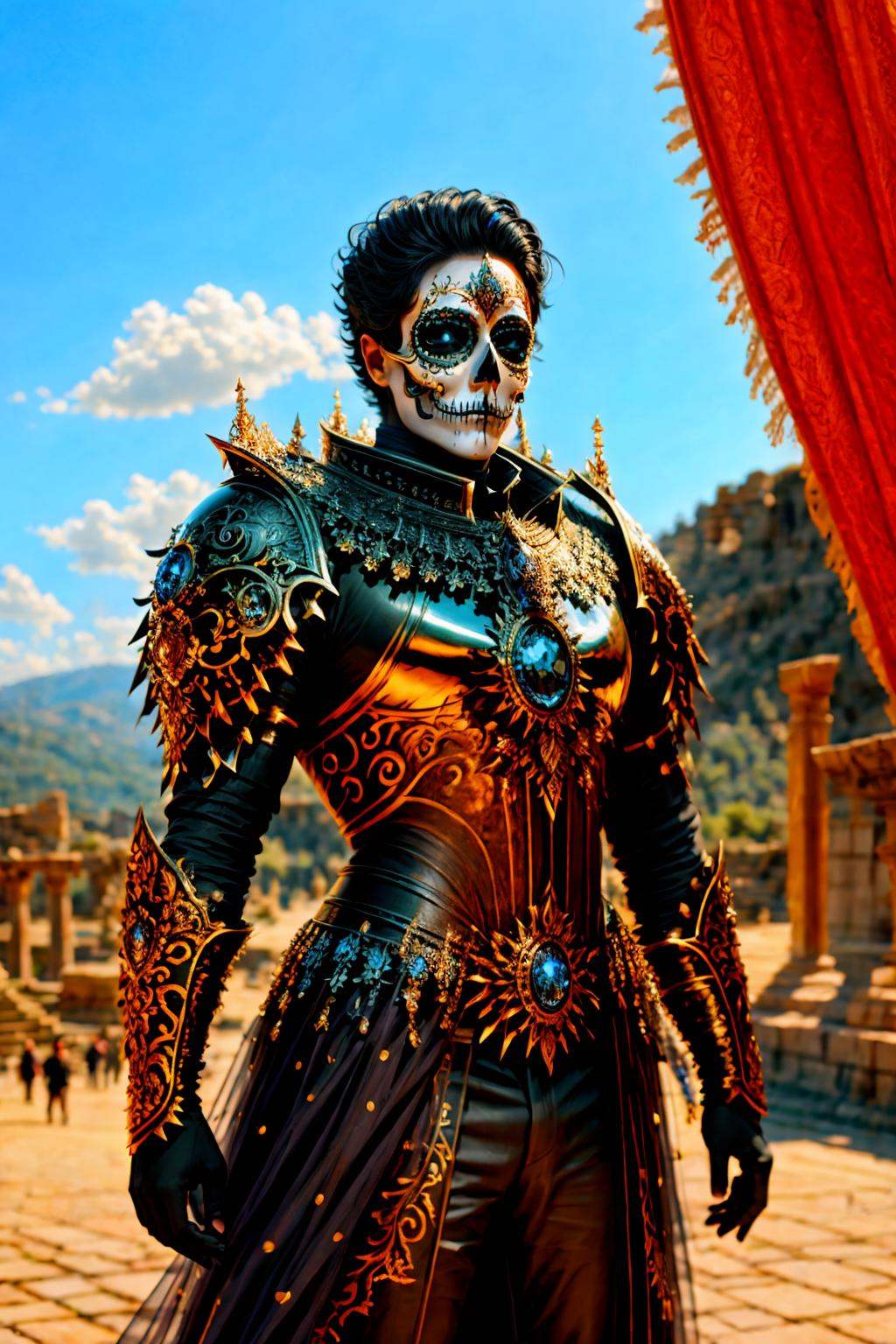 <lora:KaTRiNa aRMoR_v1:1> man in mcnhdsrmr nhdsrmr, (ktrmkp makeup:1.2), Confident Standing Pose, Arms at Sides, Ancient Stone Amphitheaters background