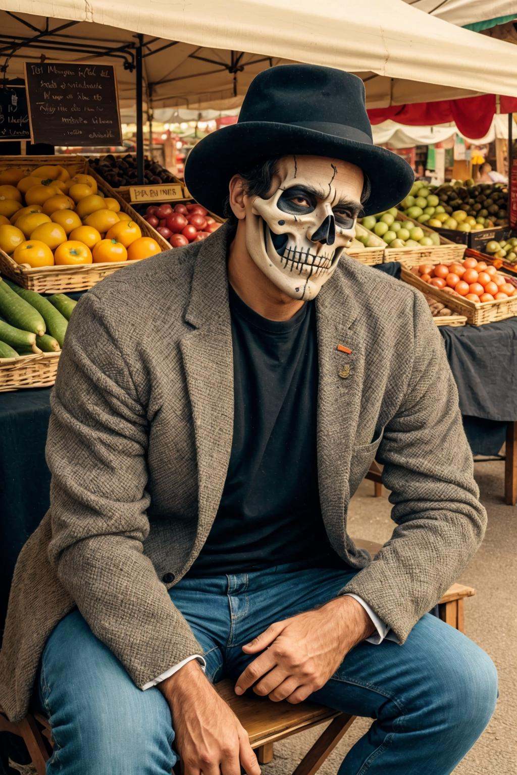 <lora:Skullface Makeup_v2-000008:1> masterpiece, best cinematic quality, man in sklfc makeup, Casual Sitting with Legs Crossed, Hands Resting, Village Markets with Colorful Produce background