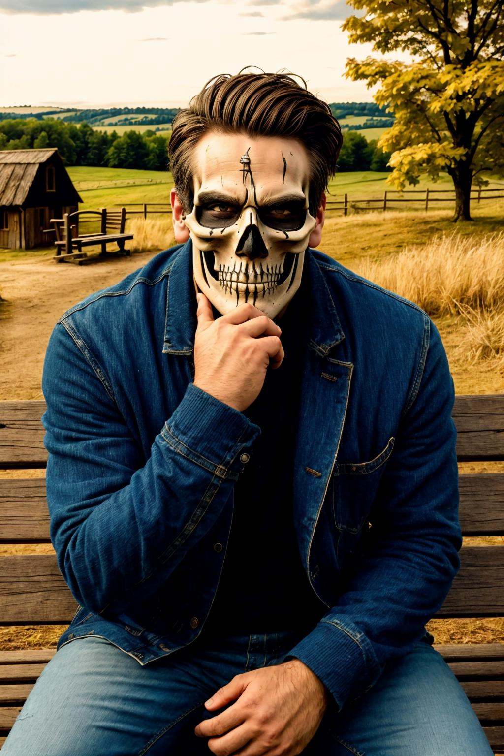 <lora:Skullface Makeup_v2-000008:1> masterpiece, best cinematic quality, man in sklfc makeup, Sitting on a Park Bench, Hand on Chin, Rustic Barns in Countryside background