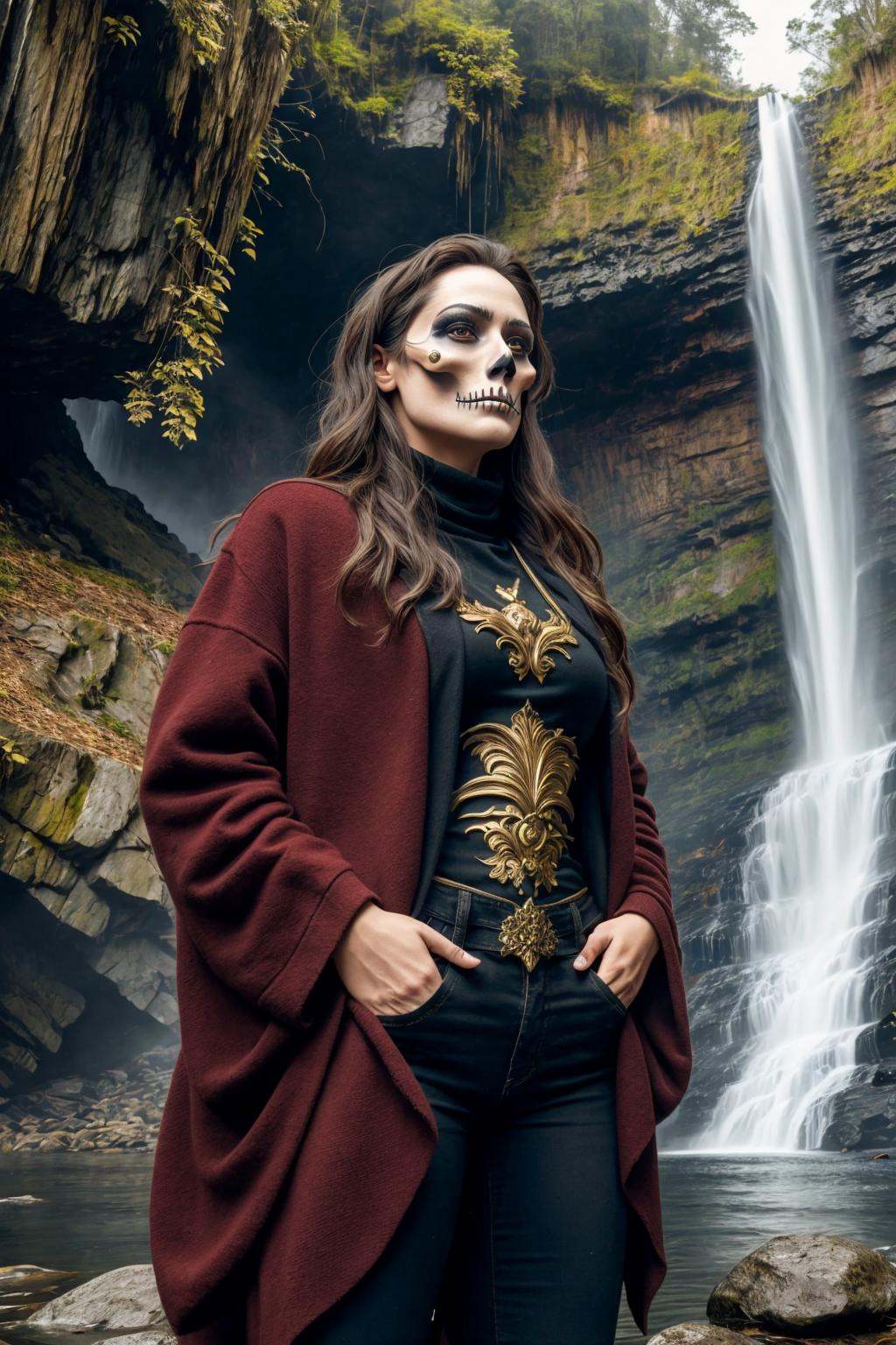<lora:Skullface Makeup_v2-000008:1> masterpiece, best cinematic quality, woman in sklfc makeup, Casual Standing, Hands in Front Pockets, Majestic Waterfalls background