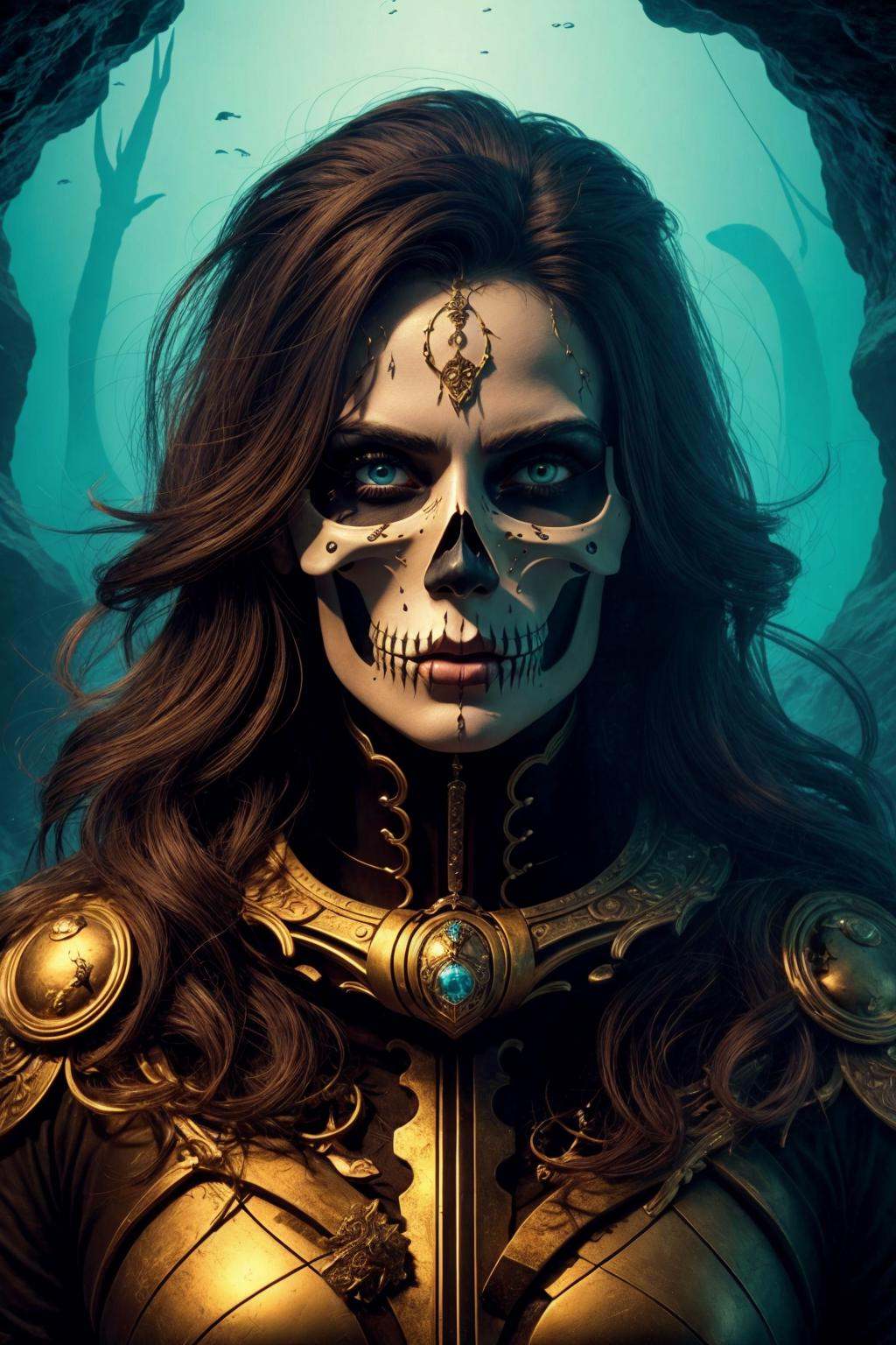 <lora:Skullface Makeup_v2-000008:1> masterpiece, best cinematic quality, woman in sklfc makeup, Confident Stance with Hands in Pockets, Underwater Caves background