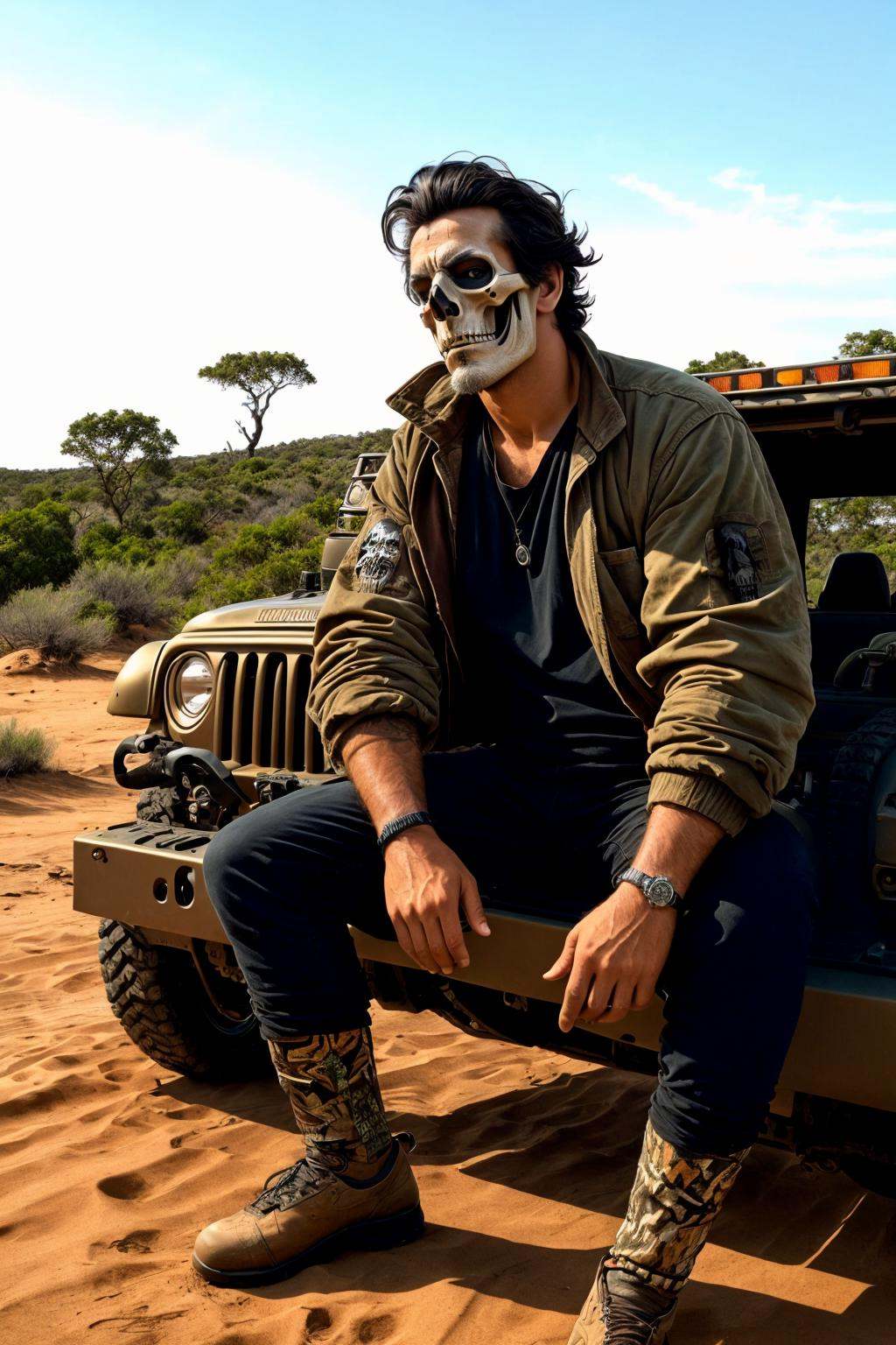 <lora:Skullface Makeup_v2-000008:1> masterpiece, best cinematic quality, man in sklfc makeup, Seated with Legs Stretched Out, Safari Jeeps Surrounded by Wildlife background