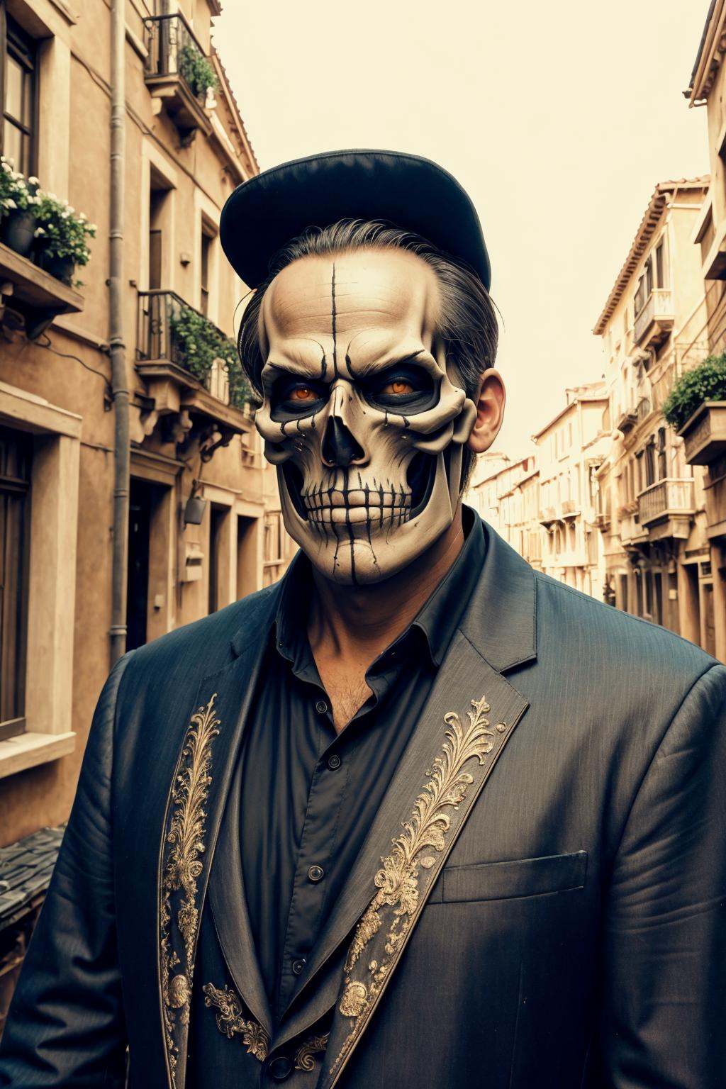 <lora:Skullface Makeup_v2-000008:1> masterpiece, best cinematic quality, man in sklfc makeup, Relaxed Standing Pose with Arms Folded, Gondola Rides through Narrow Canals background