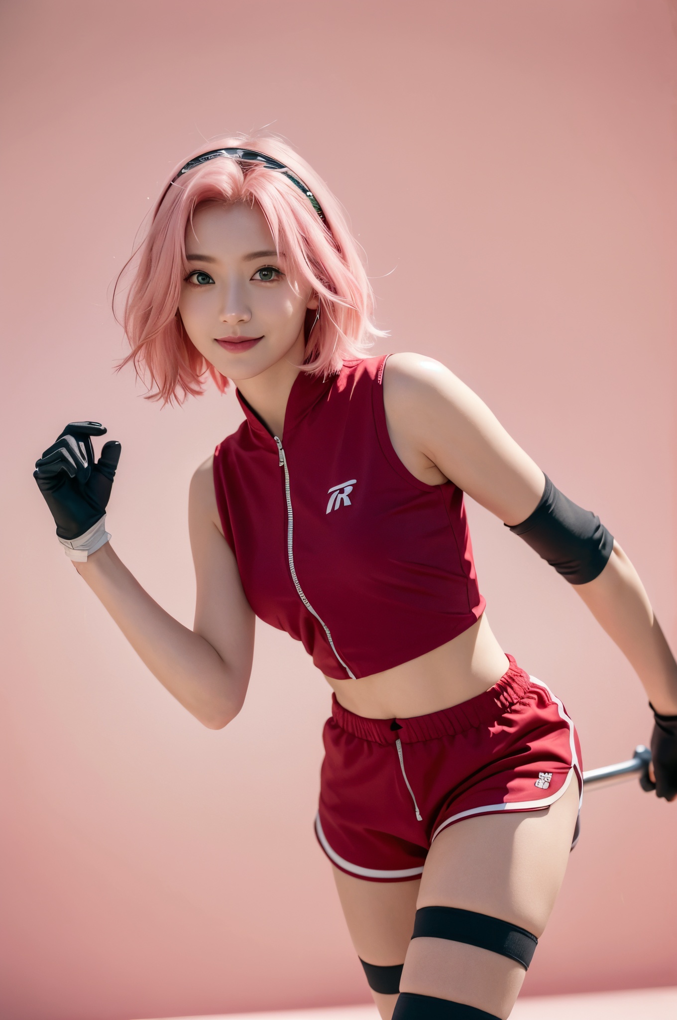  DSLR, (Good structure), HDR, UHD, 8K, A real person, Highly detailed, best quality, masterpiece, 1girl, realistic, Highly detailed, (EOS R8, 50mm, F1.2, 8K, RAW photo:1.2), ultra realistic 8k, (best illumination, best shadow, extremely delicate and beautiful), (official art, beautiful and aesthetic:1.2), solo, 1girl, , Wind, flowing hair, kind smile, , pose for picture, Dynamic pose, looking_at_viewer, , (perfect body), chunyeying, haruno sakura, 1girl, solo, pink hair, white background, bike shorts, shorts, gloves, short hair, black gloves, green eyes, simple background, sleeveless, standing, black shorts, looking at viewer, bandages, bandaged leg, closed mouth, leaning forward, red shirt, shirt, skirt