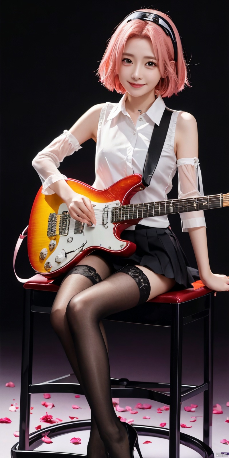 haruno sakura,pink hair,short hair , (Good structure), DSLR Quality,Depth of field,kind smile,looking_at_viewer,Dynamic pose,
(masterpiece), (best quality), illustration, ultra detailed, hdr, Depth of field, (colorful), loli, 1girl, instrument, solo,  , , skirt, thighhighs,  , shirt, , detached sleeves, sitting, 
neck ribbon, black skirt,
, white shirt, ribbon, high heels, playing instrument, sleeveless shirt,  , pleated skirt, miniskirt, guitar, black thighhighs, holding, music, , sleeveless, holding instrument, , see-through, black footwear, petals, layered sleeves, see-through sleeves, , bare shoulders,  , stool, black sleeves,  , long sleeves,  , hair ornament, nail polish, collared shirt, white sleeves, electric guitar, see-through legwear, , , blackpantyhose, 