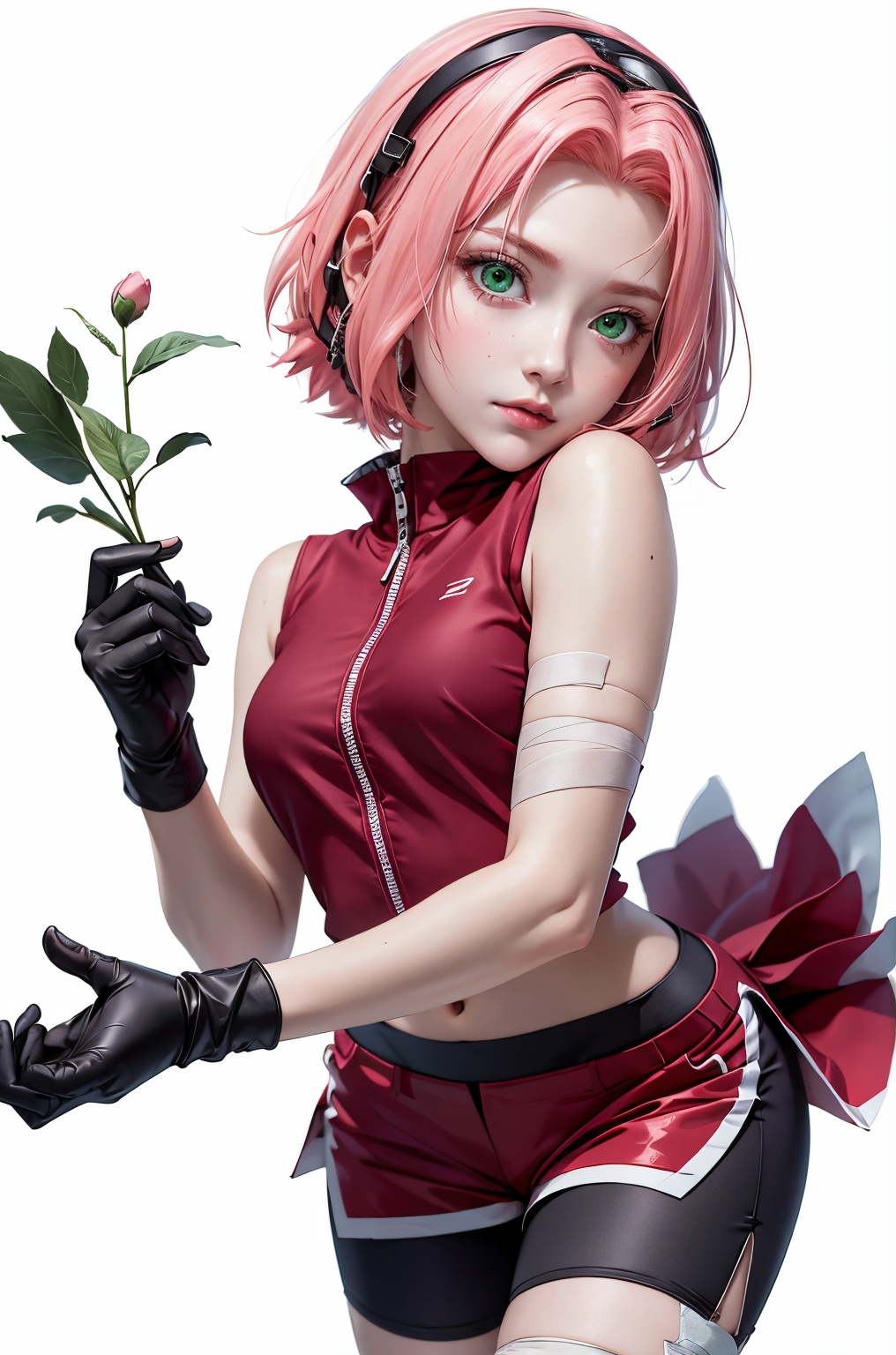  DSLR, (Good structure), HDR, UHD, 8K,  chunyeying, haruno sakura, 1girl, solo, pink hair, white background, bike shorts, shorts, gloves, short hair, black gloves, green eyes, simple background, sleeveless, standing, black shorts, looking at viewer, bandages, bandaged leg, closed mouth, leaning forward, red shirt, shirt, skirt