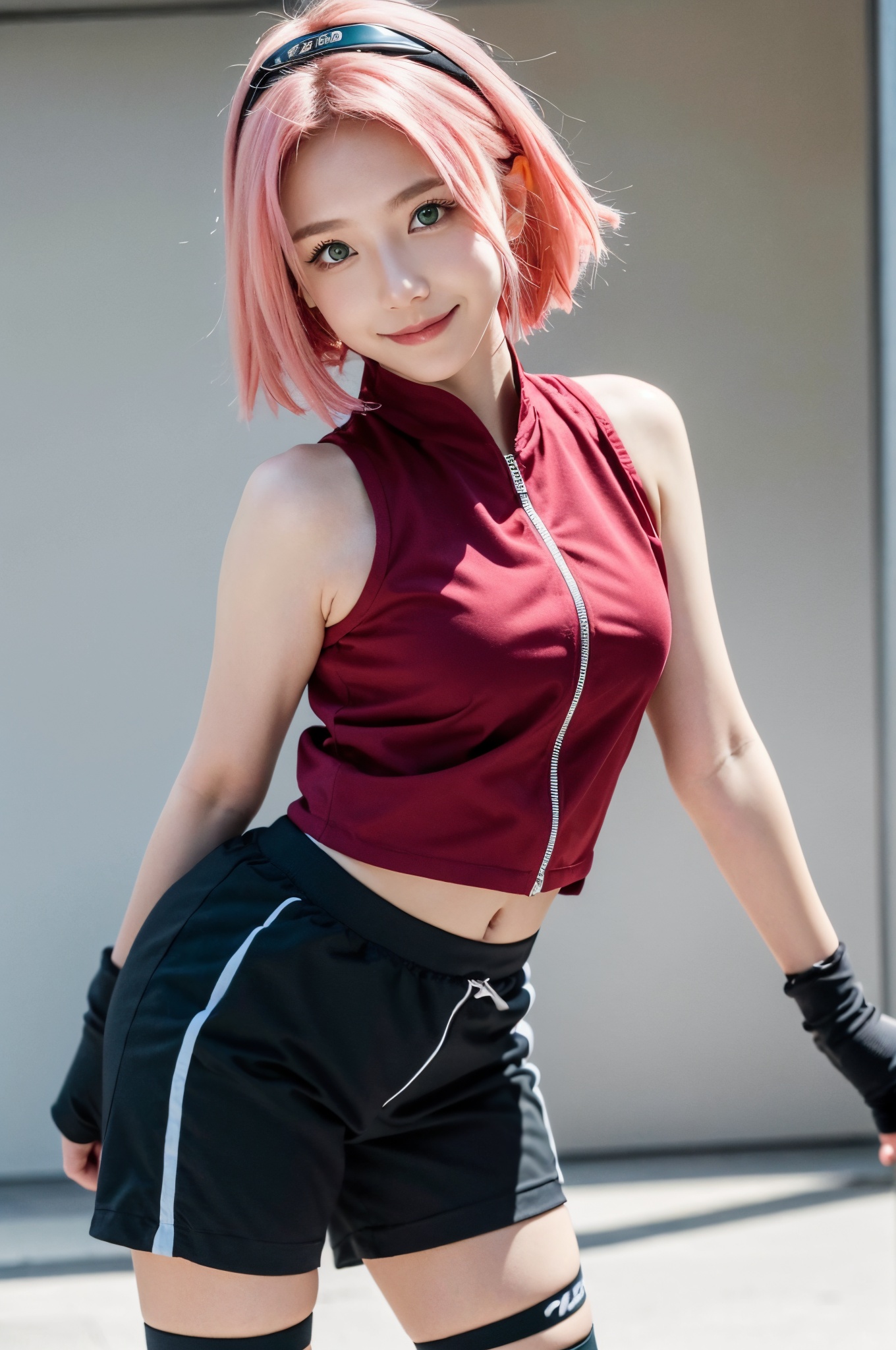  DSLR, (Good structure), HDR, UHD, 8K, A real person, Highly detailed, best quality, masterpiece, 1girl, realistic, Highly detailed, (EOS R8, 50mm, F1.2, 8K, RAW photo:1.2), ultra realistic 8k, (best illumination, best shadow, extremely delicate and beautiful), (official art, beautiful and aesthetic:1.2), solo, 1girl, , Wind, flowing hair, kind smile, , pose for picture, Dynamic pose, looking_at_viewer, , (perfect body), chunyeying, haruno sakura, 1girl, solo, pink hair, white background, bike shorts, shorts, gloves, short hair, black gloves, green eyes, simple background, sleeveless, standing, black shorts, looking at viewer, bandages, bandaged leg, closed mouth, leaning forward, red shirt, shirt, skirt