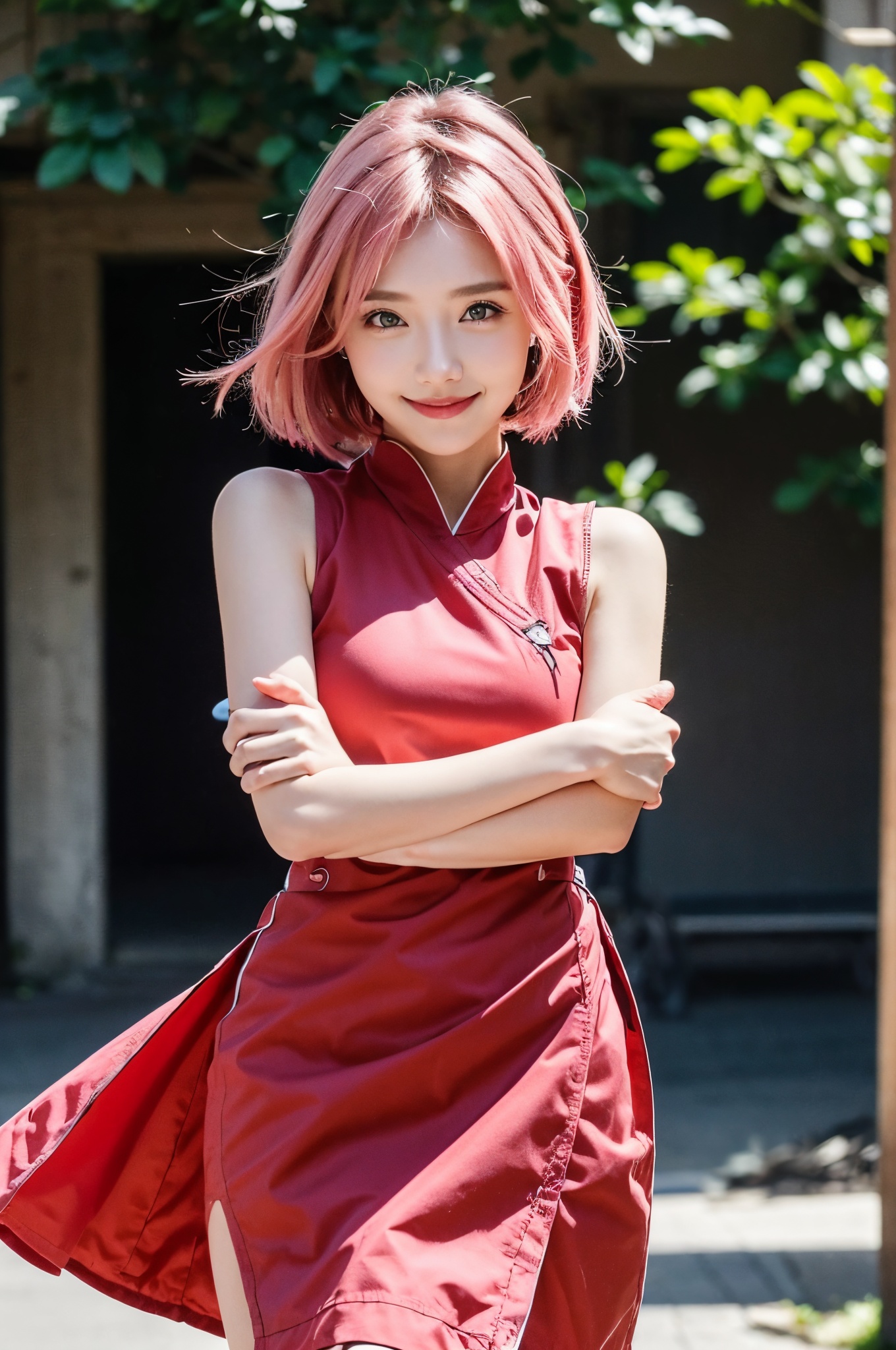  DSLR, (Good structure), HDR, UHD, 8K, A real person, Highly detailed, best quality, masterpiece, 1girl, realistic, Highly detailed, (EOS R8, 50mm, F1.2, 8K, RAW photo:1.2), ultra realistic 8k, (best illumination, best shadow, extremely delicate and beautiful), (official art, beautiful and aesthetic:1.2), solo, 1girl, , Wind, flowing hair, kind smile, , pose for picture, Dynamic pose, looking_at_viewer, , (perfect body), chunyeying,pink_hair,dress, 