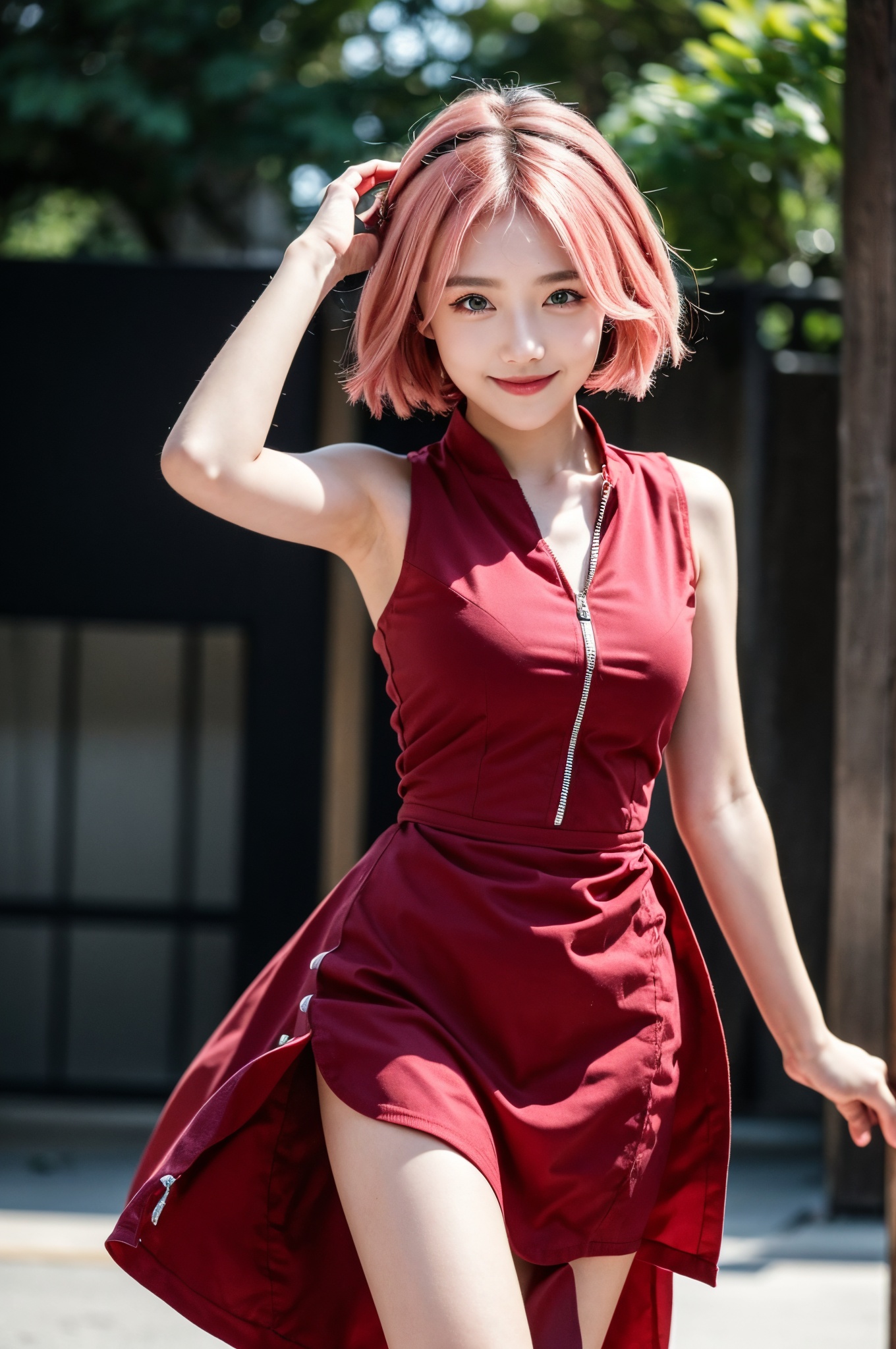  DSLR, (Good structure), HDR, UHD, 8K, A real person, Highly detailed, best quality, masterpiece, 1girl, realistic, Highly detailed, (EOS R8, 50mm, F1.2, 8K, RAW photo:1.2), ultra realistic 8k, (best illumination, best shadow, extremely delicate and beautiful), (official art, beautiful and aesthetic:1.2), solo, 1girl, , Wind, flowing hair, kind smile, , pose for picture, Dynamic pose, looking_at_viewer, , (perfect body), chunyeying,pink_hair,dress,