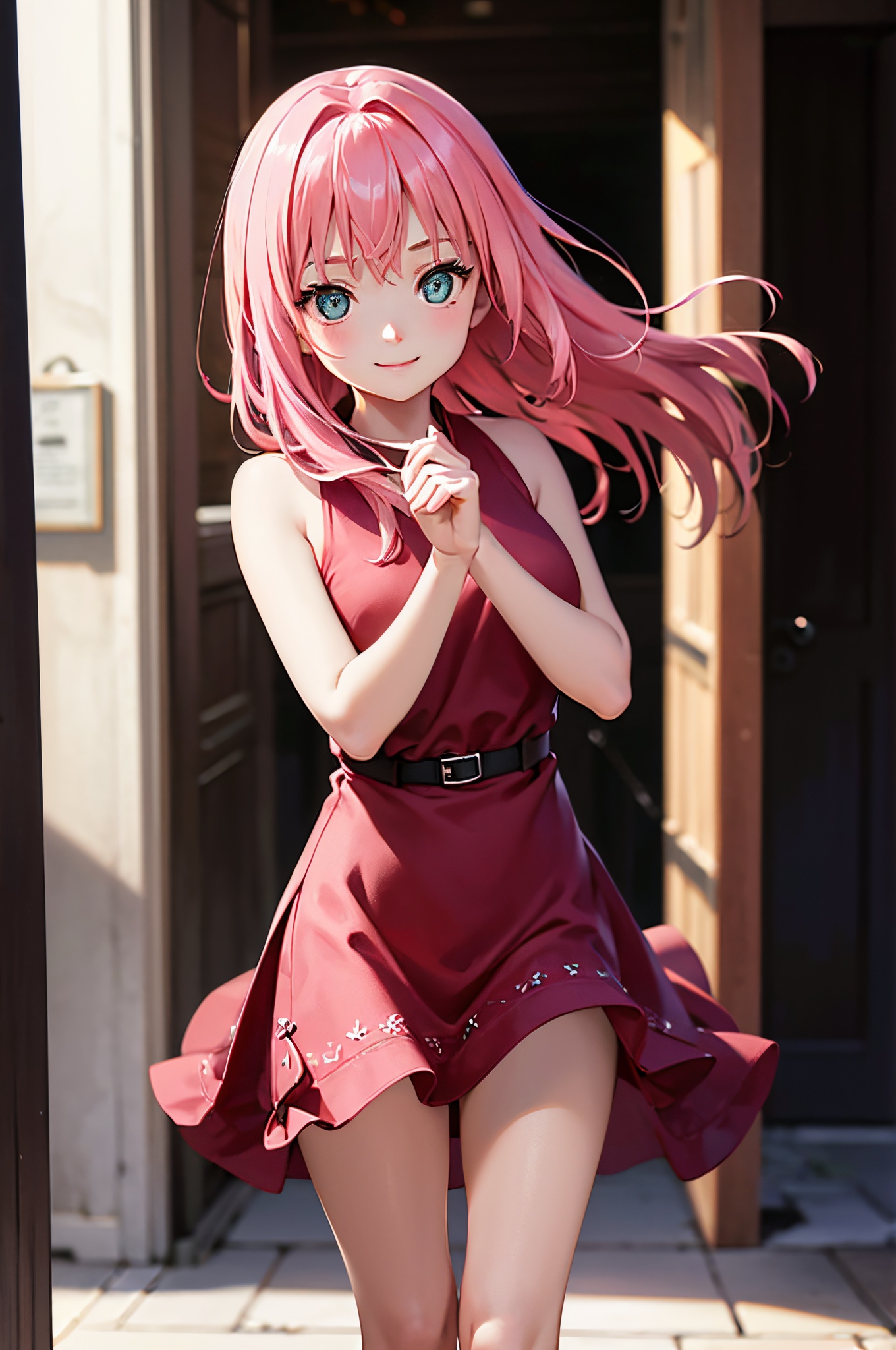  DSLR, (Good structure), HDR, UHD, 8K, A real person, Highly detailed, best quality, masterpiece, 1girl, realistic, Highly detailed, (EOS R8, 50mm, F1.2, 8K, RAW photo:1.2), ultra realistic 8k, (best illumination, best shadow, extremely delicate and beautiful), (official art, beautiful and aesthetic:1.2), solo, 1girl, , Wind, flowing hair, kind smile, , pose for picture, Dynamic pose, looking_at_viewer, , (perfect body), chunyeying,pink_hair,dress