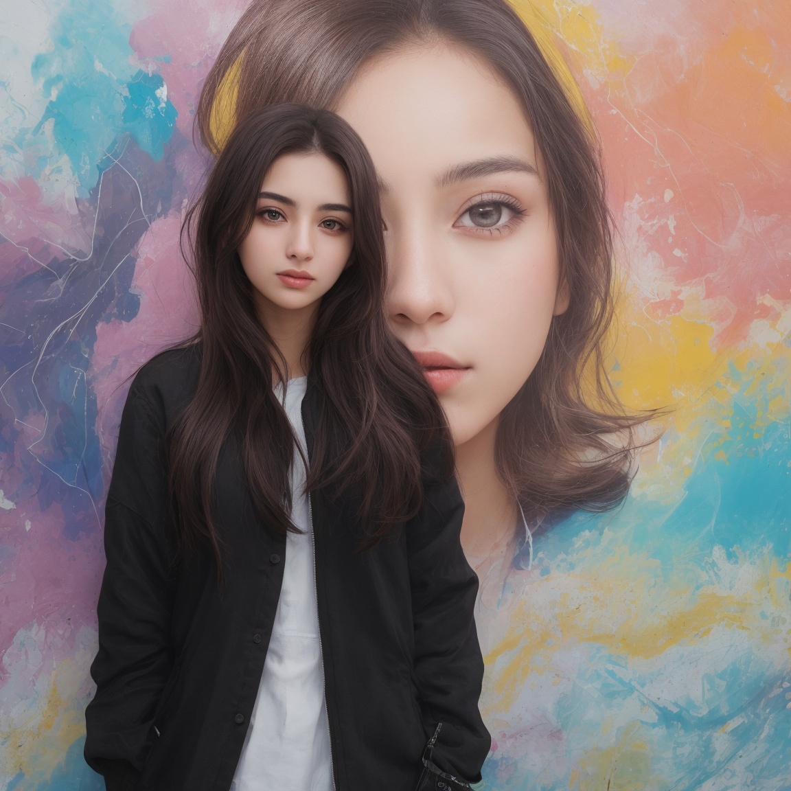 Nasrin,  an 18-year-old Iranian girl,  poses in front of a vibrant street art mural. She wears a trendy and edgy outfit th...