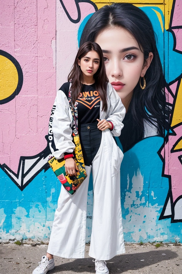 Nasrin,  an 18-year-old Iranian girl,  poses in front of a vibrant street art mural. She wears a trendy and edgy outfit th...