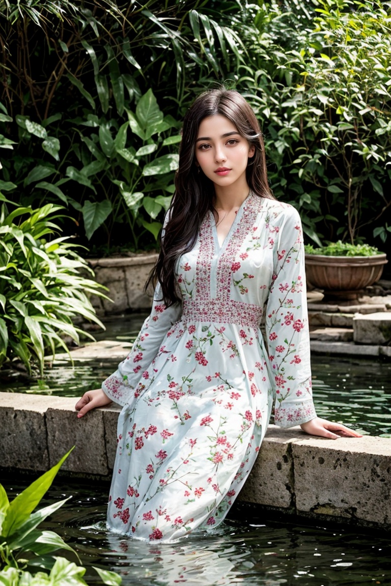 Nasrin,  an 18-year-old Iranian girl,  finds tranquility in a beautiful Persian garden. She wears a traditional colorful d...