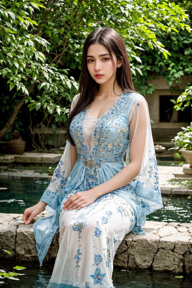 Nasrin,  an 18-year-old Iranian girl,  finds tranquility in a beautiful Persian garden. She wears a traditional colorful d...