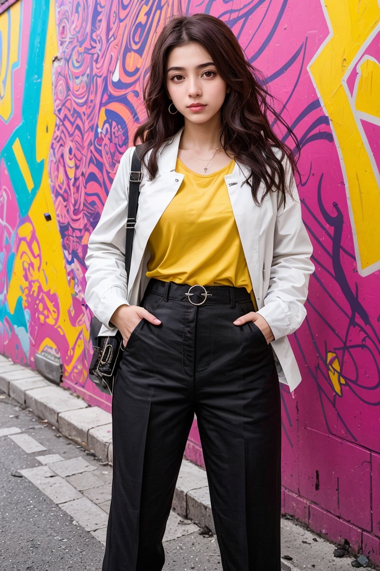 Nasrin,  an 18-year-old Iranian girl,  poses in front of a vibrant street art mural. She wears a trendy and edgy outfit th...