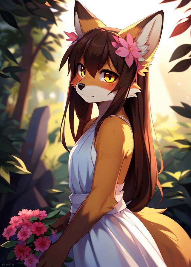 solo (((kemono fox),  yellow body and countershading,  long brown hair on Tensor.Art