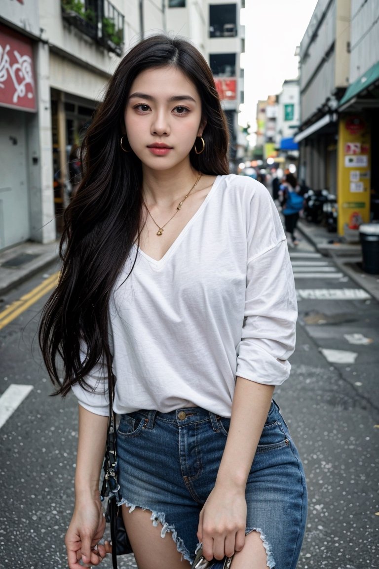 Nguyen,  an 18-year-old Vietnamese girl,  showcases her urban street style in a trendy outfit. She wears a combination of...
