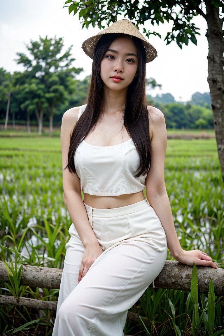Nguyen,  an 18-year-old Vietnamese girl,  stands amidst the serene beauty of a rice paddy field. She wears a traditional á...