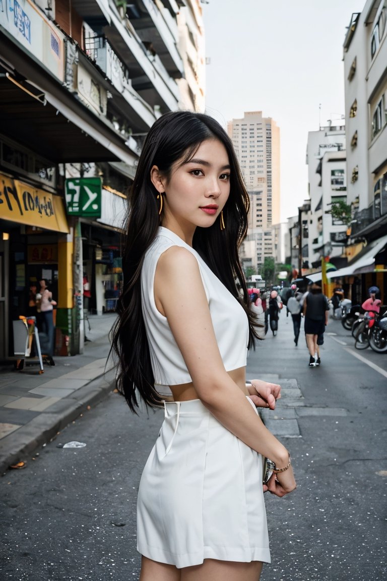 Nguyen,  an 18-year-old vibrant Vietnamese girl,  exudes youthful charm in a modern Vietnamese-inspired outfit. She wears...