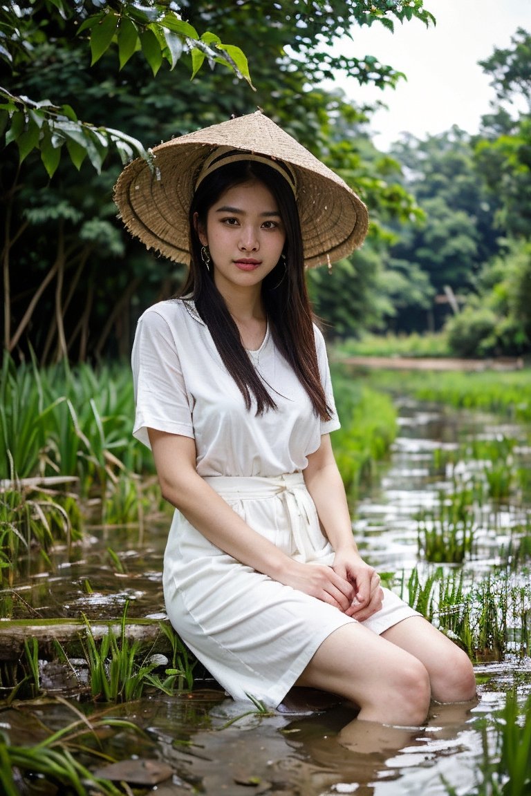 Nguyen,  an 18-year-old Vietnamese girl,  stands amidst the serene beauty of a rice paddy field. She wears a traditional á...