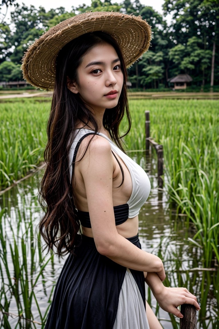 Nguyen,  an 18-year-old Vietnamese girl,  stands amidst the serene beauty of a rice paddy field. She wears a traditional á...