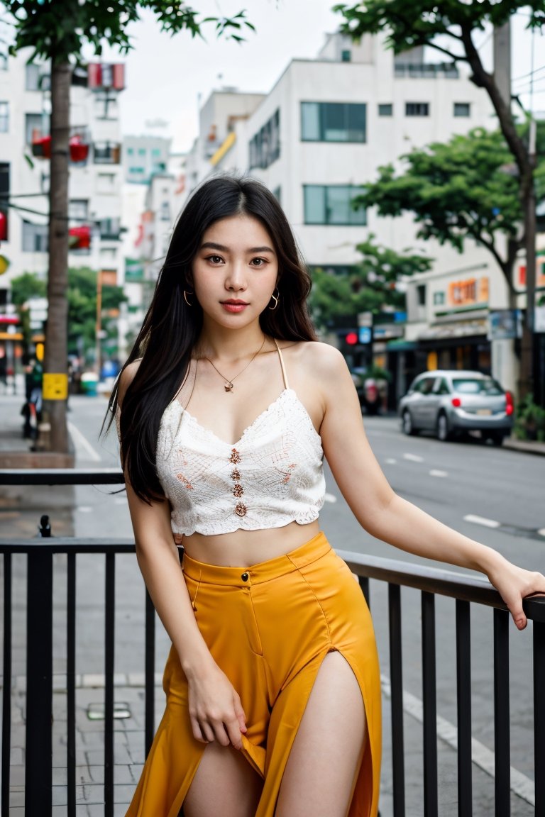 Nguyen,  an 18-year-old vibrant Vietnamese girl,  exudes youthful charm in a modern Vietnamese-inspired outfit. She wears...