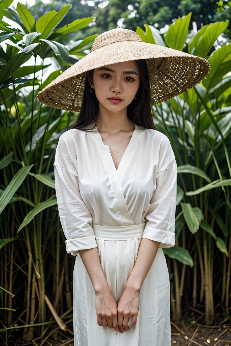 Nguyen,  an 18-year-old Vietnamese girl,  stands amidst the serene beauty of a rice paddy field. She wears a traditional á...