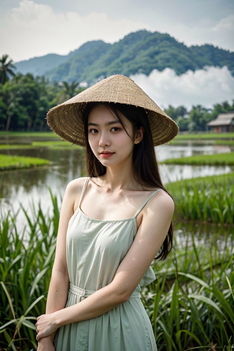 Nguyen,  an 18-year-old Vietnamese girl,  stands amidst the serene beauty of a rice paddy field. She wears a traditional á...