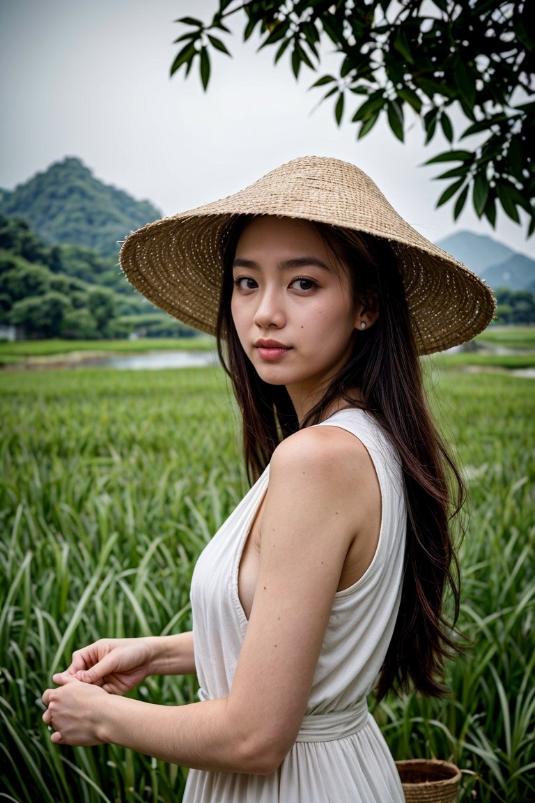 Nguyen,  an 18-year-old Vietnamese girl,  stands amidst the serene beauty of a rice paddy field. She wears a traditional á...