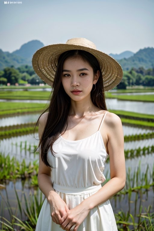 Nguyen,  an 18-year-old Vietnamese girl,  stands amidst the serene beauty of a rice paddy field. She wears a traditional á...