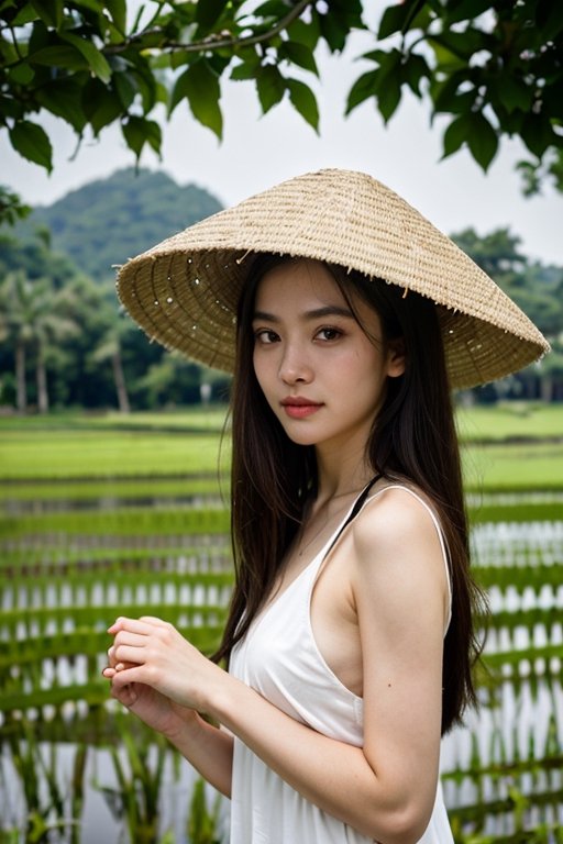 Nguyen,  an 18-year-old Vietnamese girl,  stands amidst the serene beauty of a rice paddy field. She wears a traditional á...