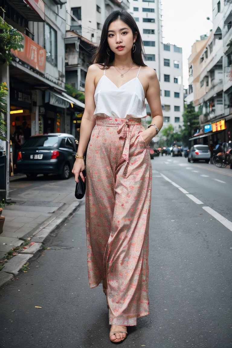 Nguyen,  an 18-year-old vibrant Vietnamese girl,  exudes youthful charm in a modern Vietnamese-inspired outfit. She wears...