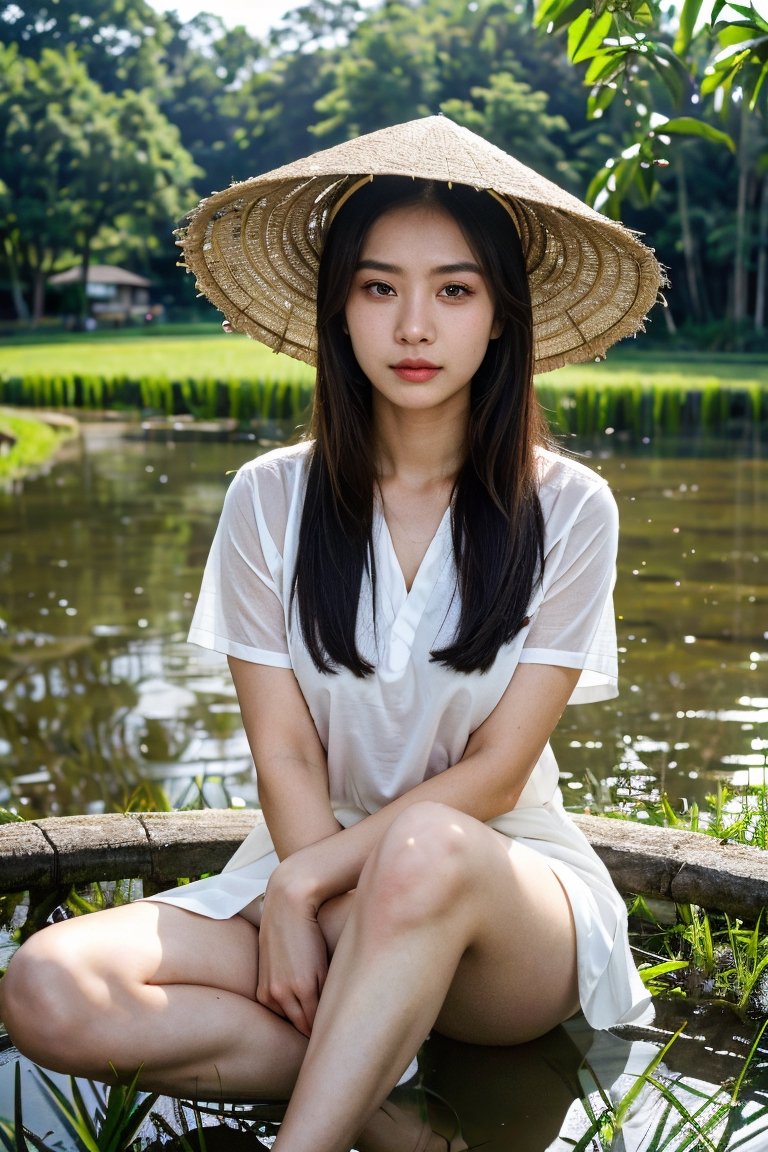 Nguyen,  an 18-year-old Vietnamese girl,  stands amidst the serene beauty of a rice paddy field. She wears a traditional á...