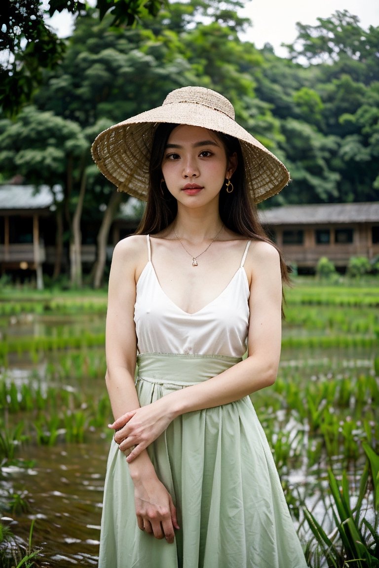 Nguyen,  an 18-year-old Vietnamese girl,  stands amidst the serene beauty of a rice paddy field. She wears a traditional á...