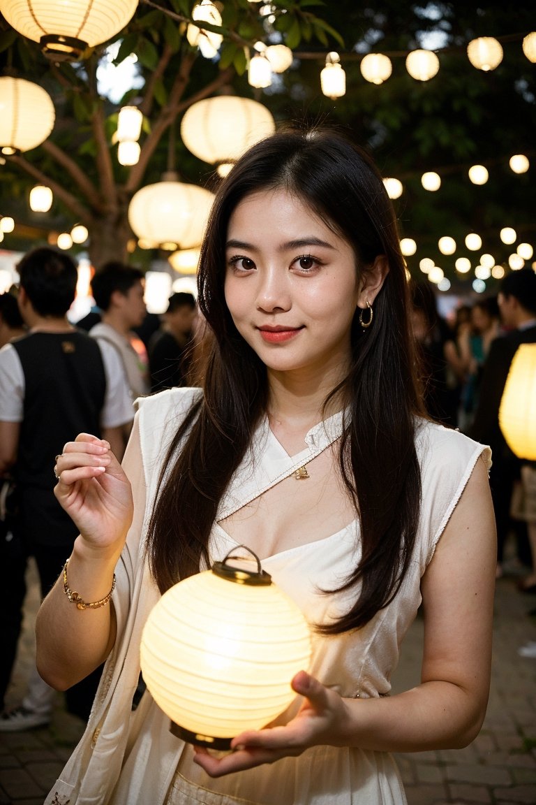 Nguyen,  an 18-year-old Vietnamese girl,  celebrates a vibrant lantern festival. She wears a traditional áo dài with vibra...