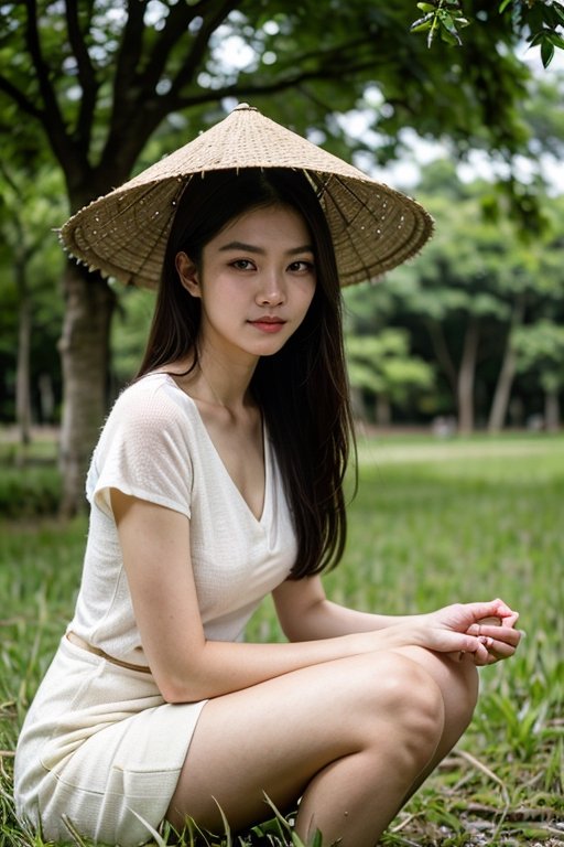 Nguyen,  an 18-year-old Vietnamese girl,  stands amidst the serene beauty of a rice paddy field. She wears a traditional á...
