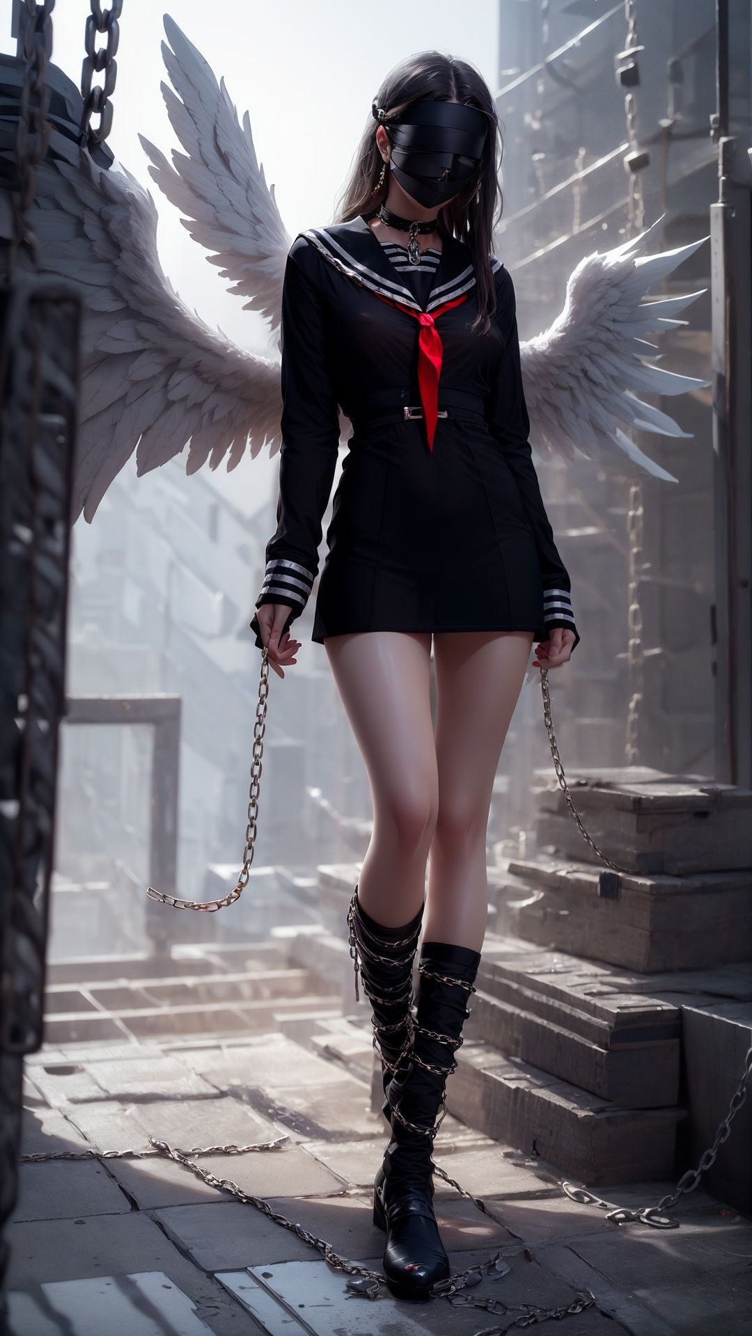 Epic CG masterpiece, a woman dressed in an angelic outfit in chains, delicate face, hdr,dtm, full ha,8K, ultra detailed graphic tension, dynamic poses, stunning colors, 3D rendering, surrealism, cinematic lighting effects, realism, 00 renderer, super realistic, full - body photos, super vista, super wide Angle, rich details, highest quality, extremely exquisite, Black background1girl, chain, wings, solo, blindfold,  jewelry, veil, choker, ring, own hands together, angel wings, feathered wings, ((covered eyes)),tutututu,black school uniform,black serafuku, sailor collar,black miniskirt, long sleeves,   <lora:tutussf_0006:0.8> <lora:Angel_20231023144902:0.35>