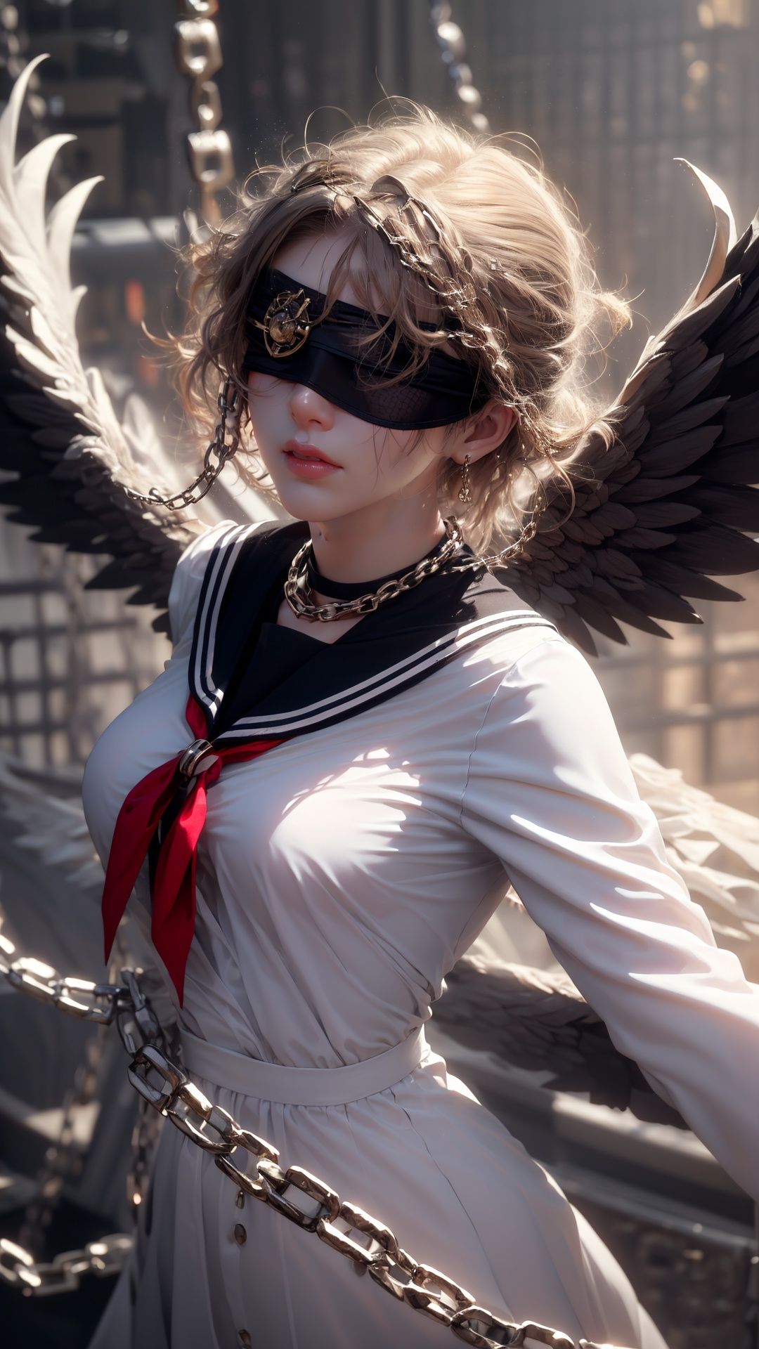 Epic CG masterpiece, a woman dressed in an angelic outfit in chains, delicate face, hdr,dtm, full ha,8K, ultra detailed graphic tension, dynamic poses, stunning colors, 3D rendering, surrealism, cinematic lighting effects, realism, 00 renderer, super realistic, full - body photos, super vista, super wide Angle, rich details, highest quality, extremely exquisite, Black background1girl, chain, wings, solo, blindfold,  jewelry, veil, choker, ring, own hands together, angel wings, feathered wings, ((covered eyes)),tutututu,black school uniform,black serafuku, sailor collar,black miniskirt, long sleeves,   <lora:tutussf_0006:0.8> <lora:Angel_20231023144902:0.35>