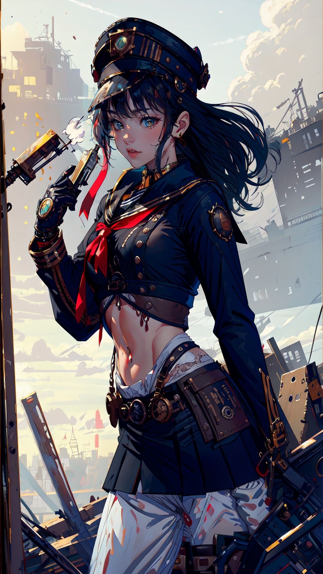 (8k, RAW photo, best quality, masterpiece:1.2), (realistic, photo-realistic:1.4), highres, ultra-detailed, extremely detailed, depth of field,science fiction,1girl,  with ripped abs, exposed waist, exposed stomach, solo, (steampunker:1.5), black hair, long hair, hat, hat ornament, gear ornament, capelet, tassel, white sleeves, long sleeves, gloves, high collar, intricate details,  utility belt, pantyhose, pouch, strap, buckle, steampunk city,The overall composition should have the a focus on the character's appearance,,tutututu,black school uniform,black serafuku, sailor collar,black miniskirt, long sleeves,  <lora:tutussf_0006:0.85> 