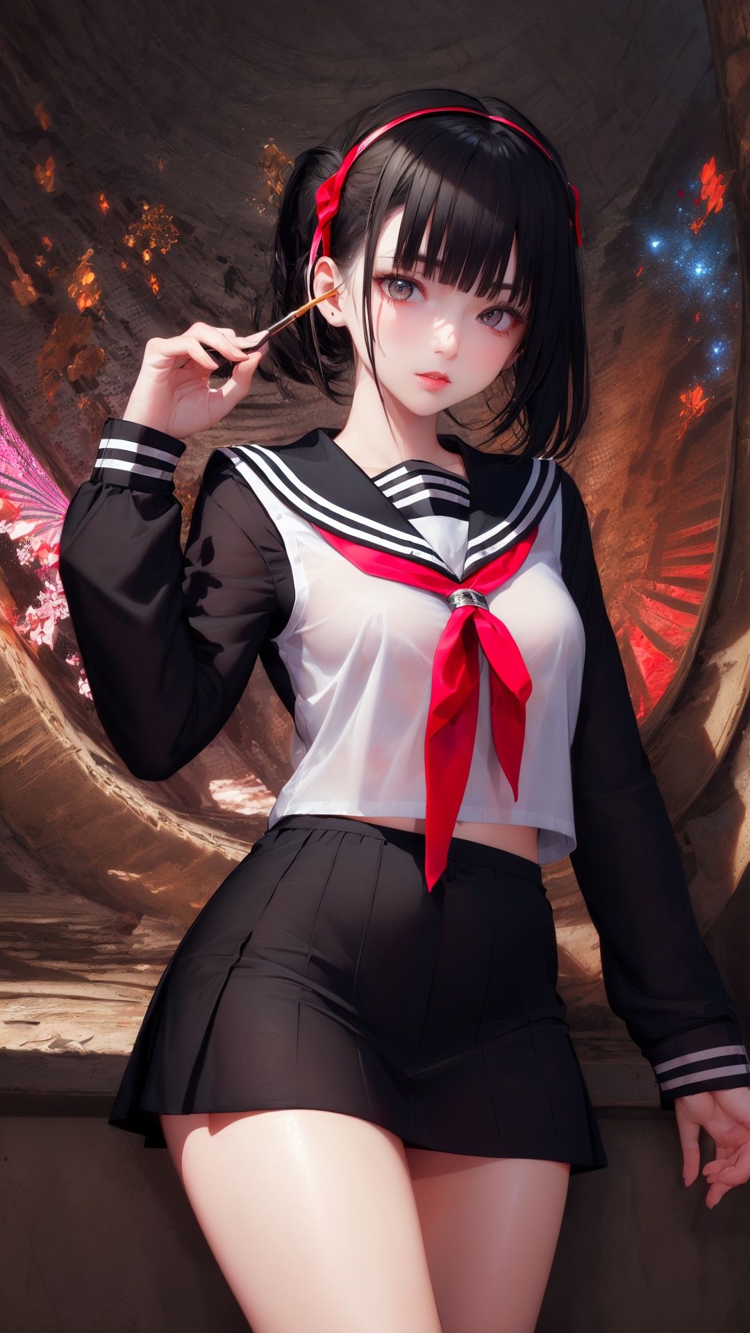 (masterpiece, top quality, best quality, official art, beautiful and aesthetic:1.2), (1girl), extreme detailed,(fractal art:1.3),colorful,highest detailed,,tutututu,black school uniform,black serafuku, sailor collar,black miniskirt, long sleeves,   <lora:tutussf_0006:0.85> 