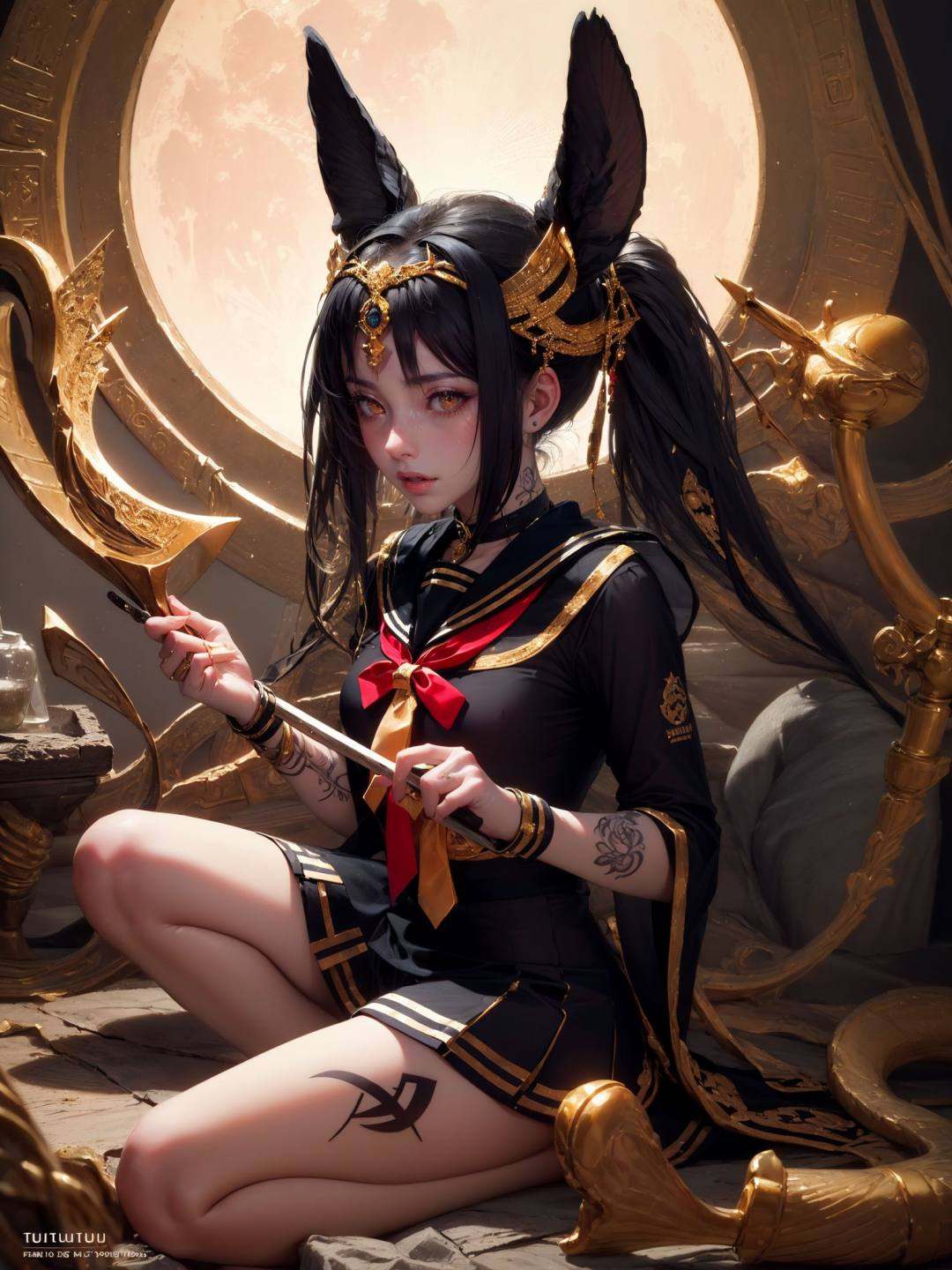 (masterpiece, top quality, best quality, official art, beautiful and aesthetic:1.3), (1girl:1.3), extreme detailed, colorful, highest detailed,((ultra-detailed)), (highly detailed CG illustration), ((an extremely delicate and beautiful)), cinematic light, petite, anubis attire, solo, (abstract art:1), full body, moon, night, ((ancient egyptian theme)), (anubis ears), pyramids, staff, (gold), golden ornaments, ((expressionless)), pharao, hierography, portrait, body tattoo, face tattoo, active pose, over head lighting, fangs, glowing eyes, sitting, relics,tutututu,black school uniform,black serafuku, sailor collar,black miniskirt, long sleeves,  <lora:tutussf_0006:0.8>  