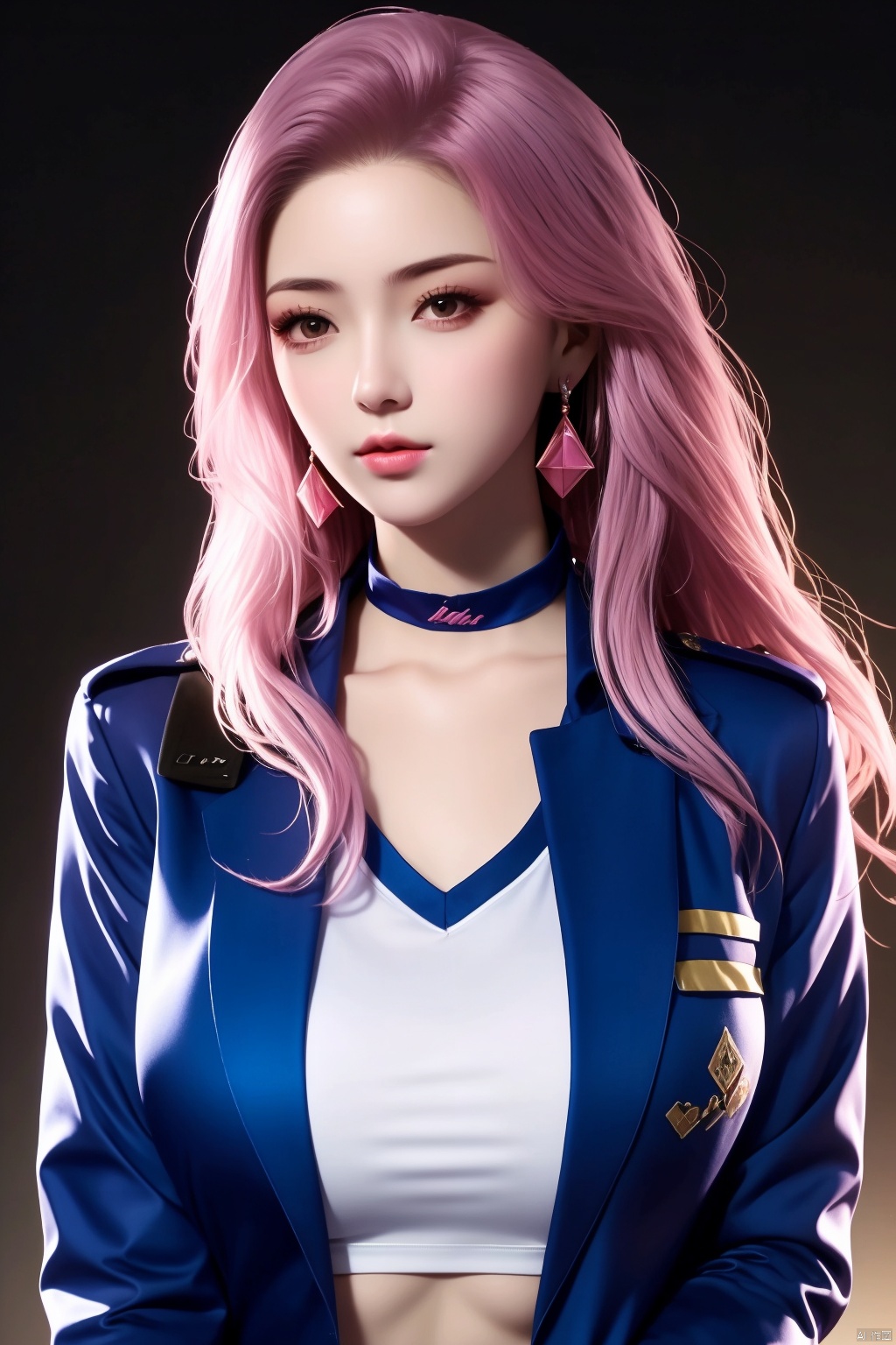 Masterpiece,  1 girl,  Cowboy shot,  collar,  solo,  jewelry,  earrings,  look at the audience,  long hair,  big breasts,  gradient background,  pink hair,  shirt,  uniform,  lips,  blue jacket,  jacket,  black collar,  god,  brown eyes,  top,  white shirt,  realism,  sexy lips, yunyouyou,<lora:EMS-103779-EMS:0.800000>
